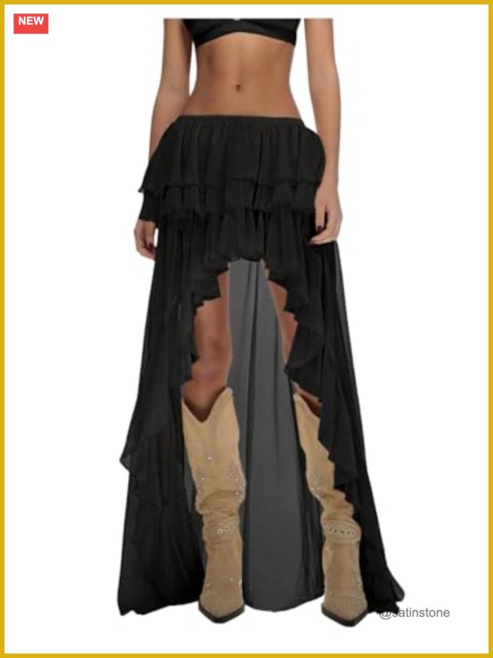 Ruffle Chiffon Maxi Skirt Elastic Waist Asymmetrical High-Low Boho Y2K Cowgirl